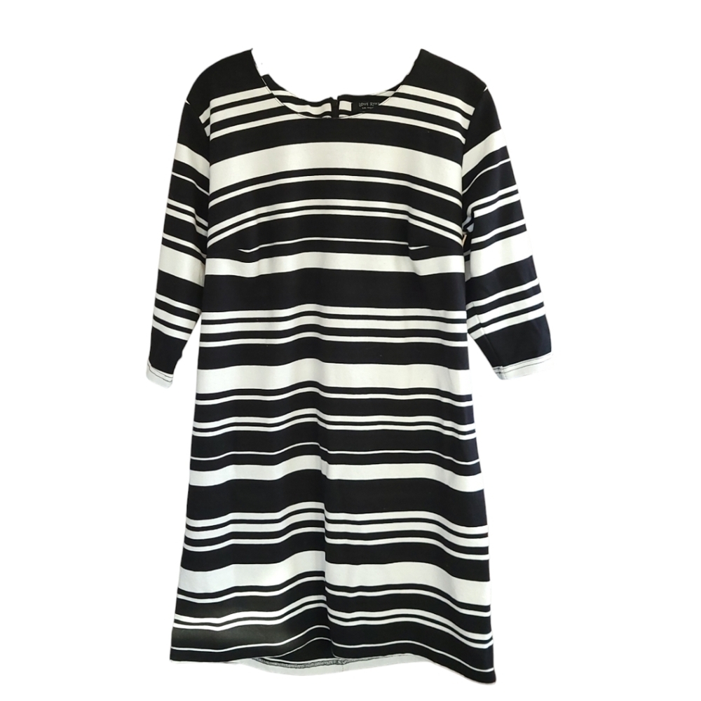 Love Ryan Black White Striped Knit Shift Dress L 3/4 Sleeve Mod Preppy Workwear